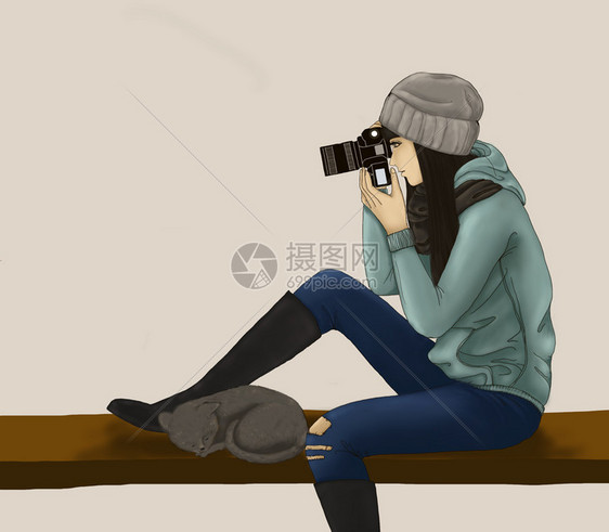 单独插图坐在长椅上与睡猫一起觉拍照的青少年数字油漆一个女孩在光彩灯里放松拍摄照片坦率相保持图片