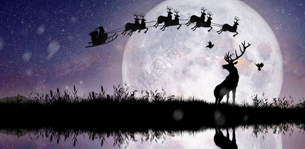 骑术天空幻想山悬崖上驯鹿的休光月看见圣诞夜老人在满月时他们的驯鹿上飞翔图片
