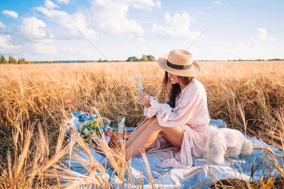 篮子小麦田中美丽的浪漫女人在小麦田中野餐在小麦田中美女孩手握成熟的麦子后部人们图片