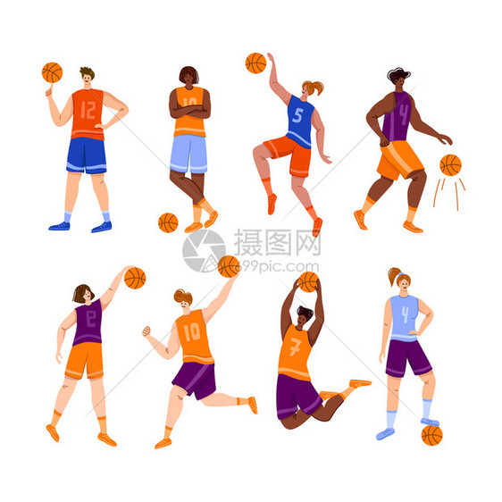 竞赛特点一组孤立的非洲裔美国人和白男女在玩跳用球肌肉健壮篮球运动员在张贴海报时隔离平方字符矢量女军篮球运动员概念一与足球有关的单图片