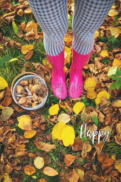 刻字人们一个穿粉红色橡胶靴的年轻女孩一篮子蘑菇站在地上写着快乐一篮子蘑菇站在地上写着快乐的年轻女孩穿着粉红色橡胶靴毛衣图片