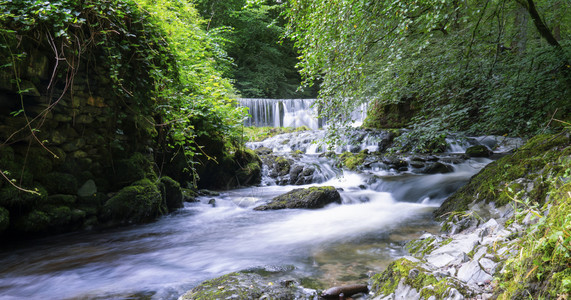 夏季绿色森林水瀑布地貌的美丽全景英国环湖区家公园GhyllForceAmbleside水景树坎布里亚图片