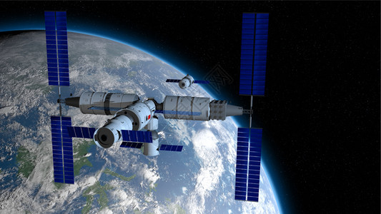 实验全球的黑色神舟载人飞船在与天宫三号中的河核心舱耦合的方向空间站与地球后面在黑色空间与星背景3D插图神舟载人飞船在耦合到天宫三图片