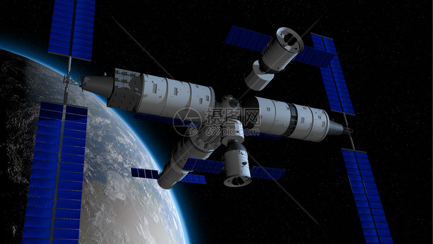 神舟载人飞船在与天宫三号中的河核心舱耦合的方向空间站与地球后面在黑色空间与星背景3D插图神舟载人飞船在耦合到天宫三号的方向空间与图片