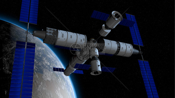 神舟载人飞船在与天宫三号中的河核心舱耦合的方向空间站与地球后面在黑色空间与星背景3D插图神舟载人飞船在耦合到天宫三号的方向空间与图片