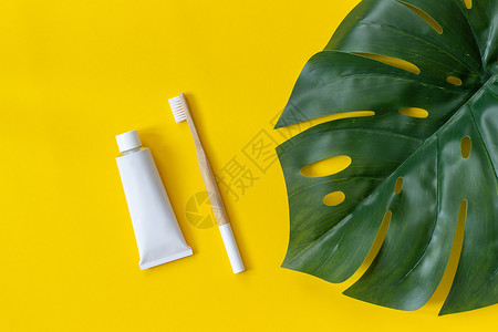 天然环保竹刷牙膏管和热带叶龟背竹套装用于在纸黄色背景上洗涤顶视图平躺放牙科环保的图片