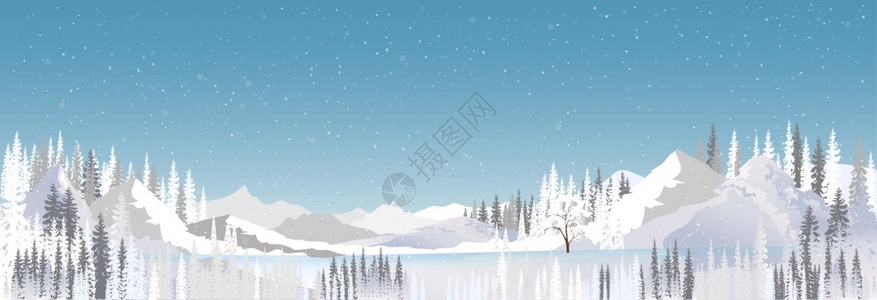 雪松树下雪的堆魔法冰冻的树覆盖着湖边冬季奇景地貌雪流是美丽的自然长冬林降雪在蓝天空背景上图示地平线横幅分支背景