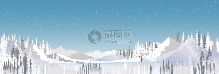 下雪的堆魔法冰冻的树覆盖着湖边冬季奇景地貌雪流是美丽的自然长冬林降雪在蓝天空背景上图示地平线横幅分支图片