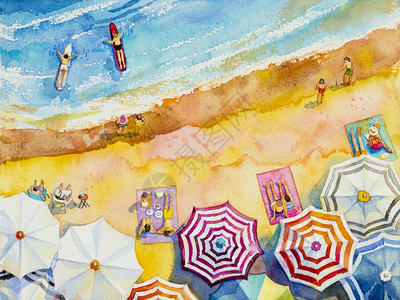 景观天气恋人夏季情家庭度假和旅游多彩伞海浪蓝色背景画图的挂着广告海报插图画的Hand由爱人家庭度假和旅游的色彩多背景图片
