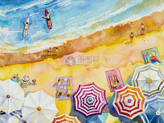 景观天气恋人夏季情家庭度假和旅游多彩伞海浪蓝色背景画图的挂着广告海报插图画的Hand由爱人家庭度假和旅游的色彩多图片