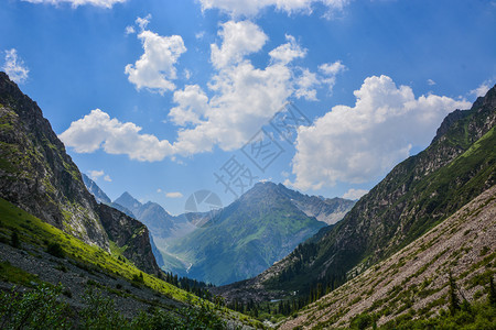 山上有着美丽的鲜青绿色山地牧场和森林的山岳远大夏日风景山上有美丽的新鲜绿色山地草原和森林户外活动概念与冒险田生卡拉科勒吉尔斯坦伊图片