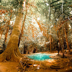 冒险植物群在深热带雨林中以绿池塘水为神秘自然背景的奇幻杂乱观绿松石图片