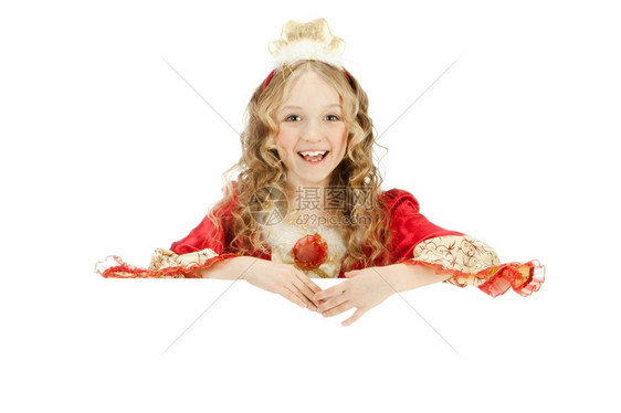 框架小环美丽的笑女孩长着金头发的美丽女孩穿着公主服装展示标志空白的图片