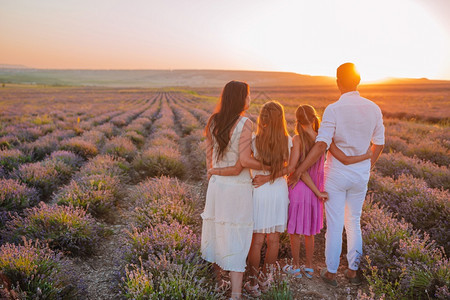 和平美丽的年轻家庭在紫花色衣草地上玩得开心在日落时穿白裙子戴帽的紫花田中优雅的白色背景图片