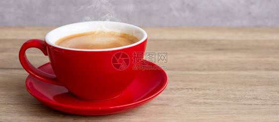餐桌上的热咖啡馆或家厅的红杯Top视图文本空白副间饮料马克杯厨房图片