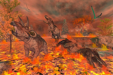 捕食者暴龙三环和白恐由于大火山爆发导致的热火而逃离或3D使恐龙强和三环排他3D产生使成为碰撞背景图片