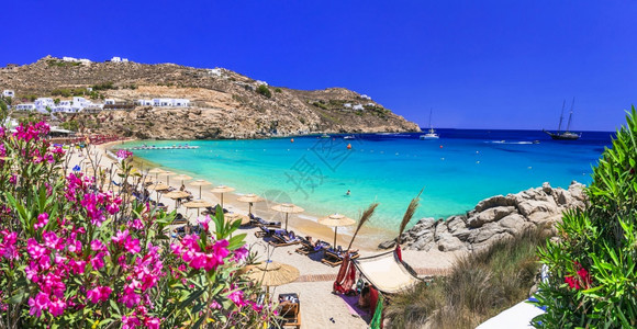 希腊夏季假期豪华希腊度假节日斯托宁米科诺岛著名的超级天堂海滩有绿水闲暇令人惊叹的图片