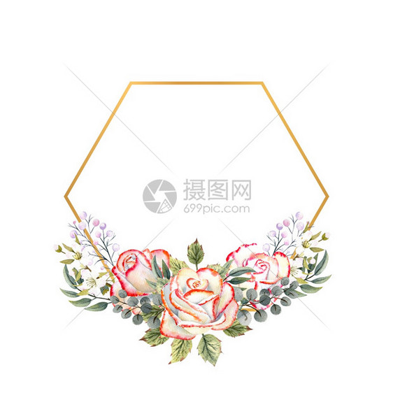 金色几何框架与一束白玫瑰叶子装饰树枝和浆果在白色隔离背景上用于徽标邀请函贺卡等的水彩插图金色几何框架与一束带叶子装饰树枝和浆果的图片
