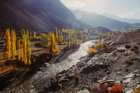 乡村的清晨阳光照耀着古皮斯山谷的美丽景色秋季充满多彩树木的风景与明亮吉特河对抗巴基斯坦吉特俾尔提斯坦的兴都库什山脉森林美丽的图片