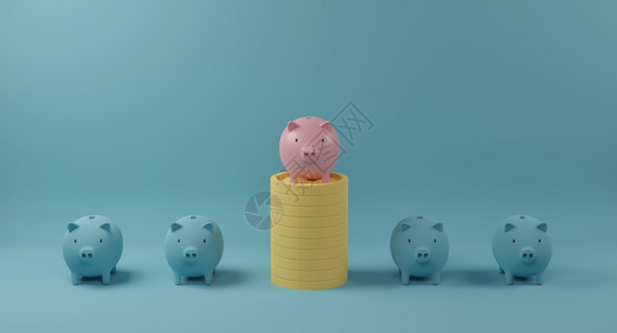 伙计们简单的黄色粉红小猪银行在硬币堆上站出来人群相同的蓝色球员群杰出和不同的3D投影概念图片