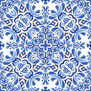 形象的人奖章水彩蓝色达马斯克手画的无缝图案伊迪戈复兴史花状瓷砖装饰葡萄牙和西班陶瓷砖启发了墙壁设计织物雕塑瓷砖结构设计模式图片