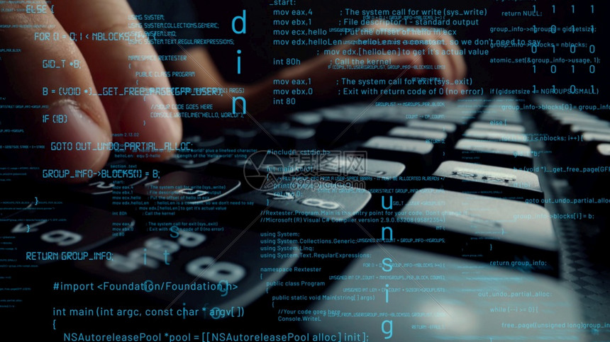 电脑经过计算机编程码和软件开发的创意视觉由在计算机键盘上工作的人展示计算机图形覆盖显示抽象程序代码和计算机脚本编程码和软件开发的图片