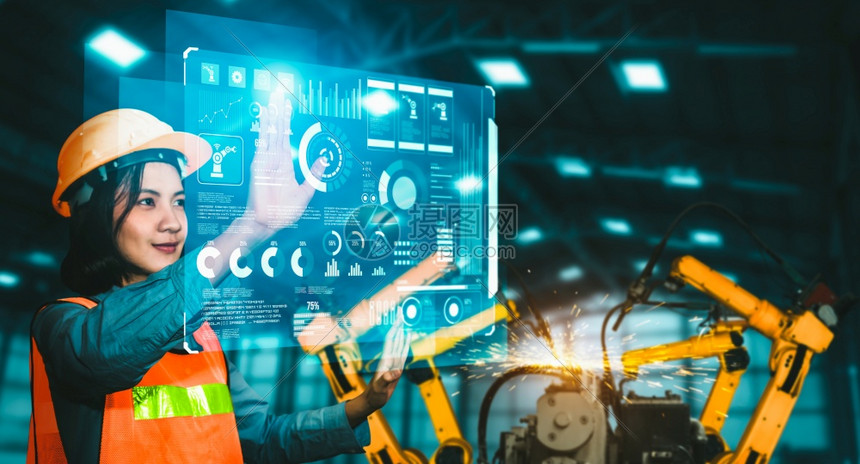 虚拟的物联网用于数字工业和厂机器人技术的先进机械臂系统使用连接到互联网络的IOT软件由工业程控制的自动化造机器人用于数字工业和厂图片