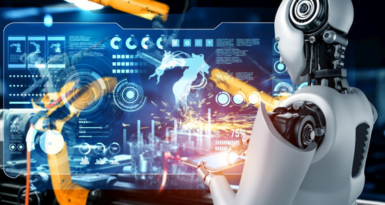用于工厂生产装配的机械化工业器人和械臂工业革命和自动化制造过程的人工智能概念用于工厂生产装配的机械化工业器人和械臂在职的虚拟控制图片