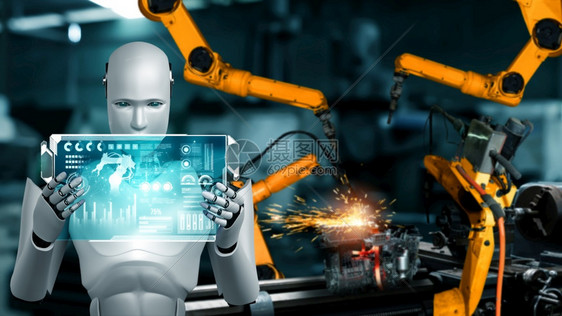 用于工厂生产装配的机械化工业器人和械臂工业革命和自动化制造过程的人工智能概念用于工厂生产装配的机械化工业器人和械臂白色的虚拟图片