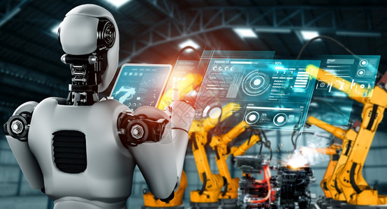 在职的自动软件用于工厂生产装配的机械化工业器人和械臂工业革命和自动化制造过程的人工智能概念用于工厂生产装配的机械化工业器人和械臂图片