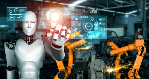 部件控制实验室用于工厂生产装配的机械化工业器人和械臂工业革命和自动化制造过程的人工智能概念用于工厂生产装配的机械化工业器人和械臂图片