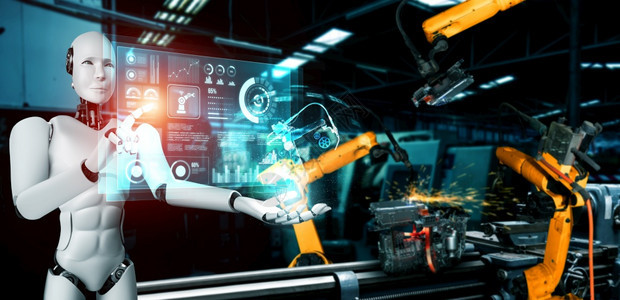 网络在职的用于工厂生产装配的机械化工业器人和械臂工业革命和自动化制造过程的人工智能概念用于工厂生产装配的机械化工业器人和械臂创建图片