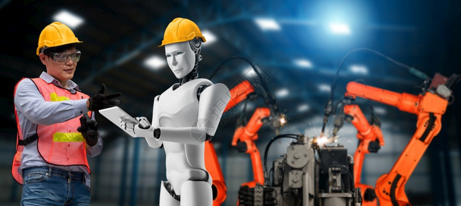 机械化工业器人与类工在未来厂中协同作业革命和自动化制造过程的人工智能概念机械化工业器人和类工在未来厂中协同作男人伙伴协议图片