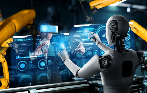联合办公工业的机械化器人与类工在未来厂中协同作业革命和自动化制造过程的人工智能概念机械化工业器人和类工在未来厂中协同作握手图片