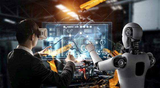 自动的机器人化握手械工业器人与类工在未来厂中协同作业革命和自动化制造过程的人工智能概念机械化工业器人和类工在未来厂中协同作图片