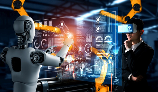 手臂机械化工业器人与类工在未来厂中协同作业革命和自动化制造过程的人工智能概念机械化工业器人和类工在未来厂中协同作男人未来派图片