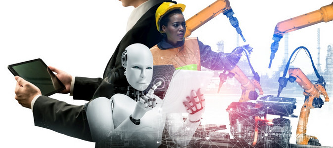 软件机械化工业器人与类工在未来厂中协同作业革命和自动化制造过程的人工智能概念机械化工业器人和类工在未来厂中协同作制造业手臂图片