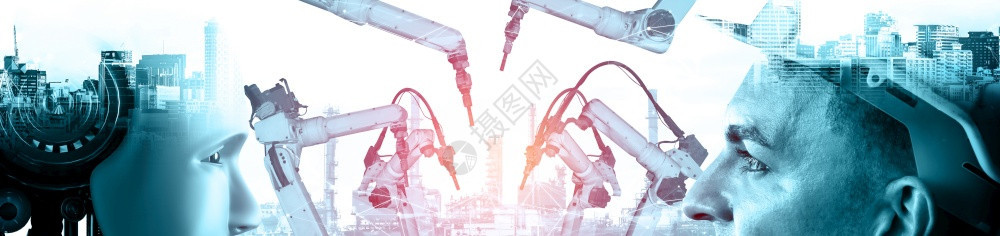 破坏机械化工业器人与类工在未来厂中协同作业革命和自动化制造过程的人工智能概念机械化工业器人和类工在未来厂中协同作控制在职的图片