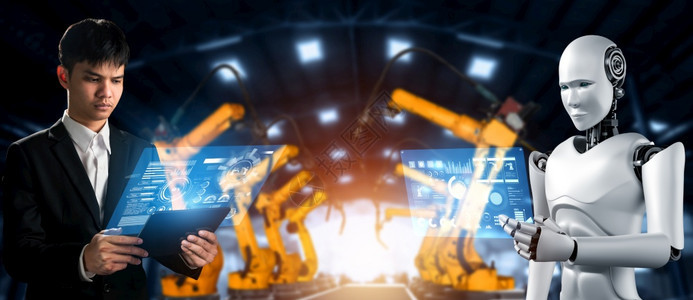 为了合作半机械人化工业器人与类工在未来厂中协同作业革命和自动化制造过程的人工智能概念机械化工业器人和类工在未来厂中协同作图片