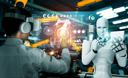 技术手臂机械化工业器人与类工在未来厂中协同作业革命和自动化制造过程的人工智能概念机械化工业器人和类工在未来厂中协同作断图片
