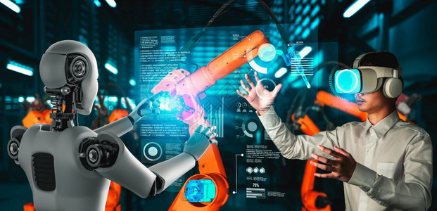 机器人化联合办公艾机械化工业器人与类工在未来厂中协同作业革命和自动化制造过程的人工智能概念机械化工业器人和类工在未来厂中协同作图片