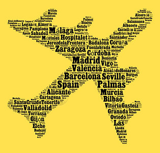 塞维利亚巴塞罗那格拉纳达萨曼卡西班牙各地的飞机形状上文字云概念校对Portnoy插画