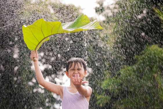 男孩微笑玩得开心站在她的头上叶子在雨中站立脸童年男生图片