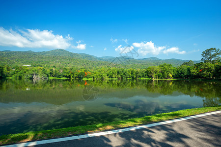 乡村的秋天AngKaewChangiMai大学森林山蓝天背景白云山林自然之路的一幅景图旅游背景图片