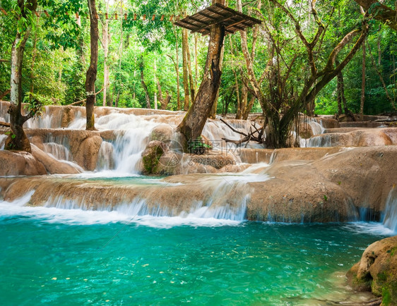 树木级联天气在长江普拉邦老挝旅行地貌和目的深热带雨林LuangPrapang老挝旅游地貌和目的由宽西连级瀑布中水绿玉而成的奇妙松图片