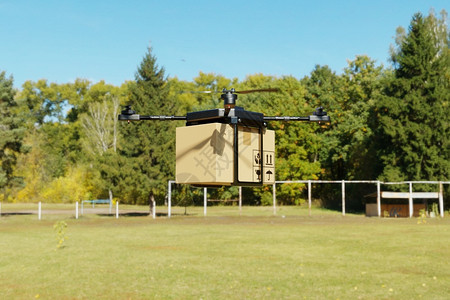 在农舍中交付飞行无人机商业技术运输和农概念在线购物和客户房屋服务3D插图渲染农场商品命令图片