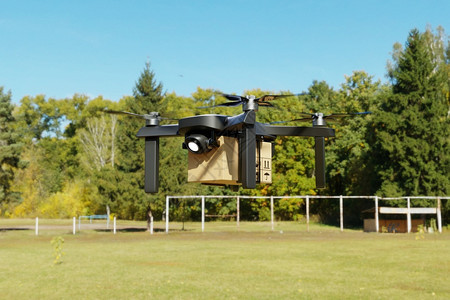 交货纸板在农舍中交付飞行无人机商业技术运输和农概念在线购物和客户房屋服务3D插图渲染物流图片
