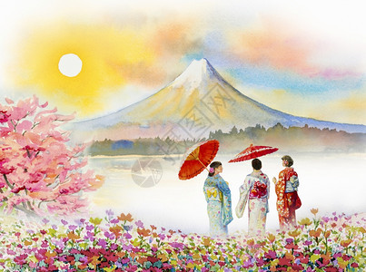 阳光日本富士山旅行亚裔妇女佩戴日本传统和服的著名地标有雨伞水彩画插图以太阳天空为背景广受欢迎的旅游景点传统的樱花图片