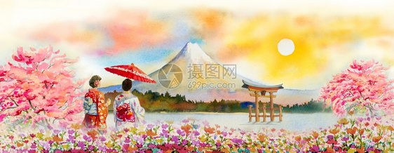 日本富士山旅行亚裔妇女佩戴日本传统和服的著名地标有雨伞水彩画插图以太阳天空为背景广受欢迎的旅游景点秋天亚洲假期图片