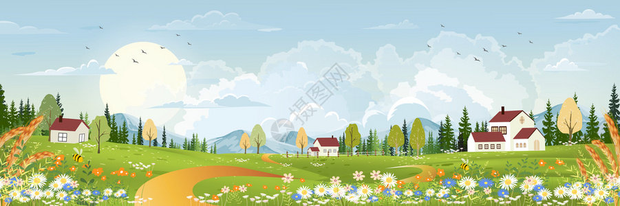 农场季节春英国全景农村春季和平地或夏标语使用野草地的卡通传媒Cartoon矢量用于春季或夏横幅Cartoon屋图片